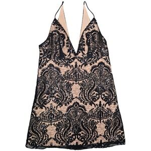 Free‎ People Black Night Shimmer Mini Dress Sequin Lace V Neck Size 6 OB553497